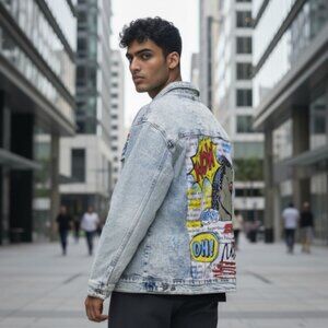 Denim Jacket Encrypted comic book pop art distressed acid wash Street Grunge NWT